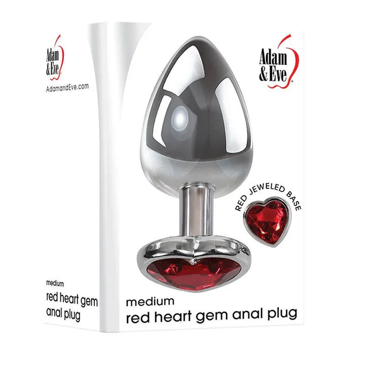 Red Heart Gem medium anal plug in Chrome, beside its white retail box