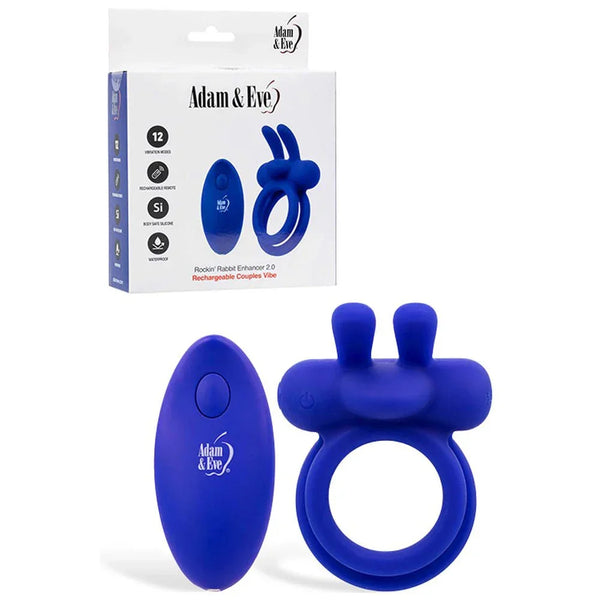 Rockin Rabbit 2.0 vibrating cock ring in Blue with oval remote, below its box