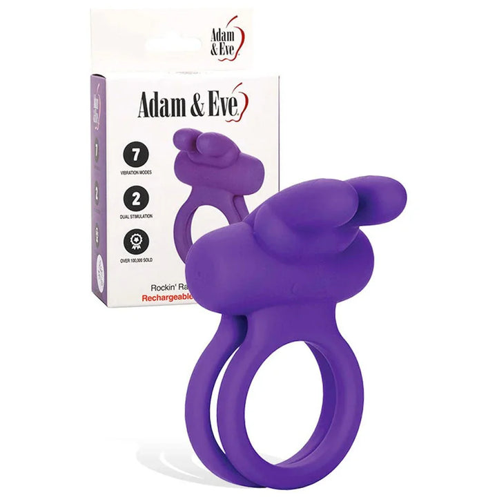 Rockin' Rabbit cock and balls ring in Purple, bunny ears up, beside its box