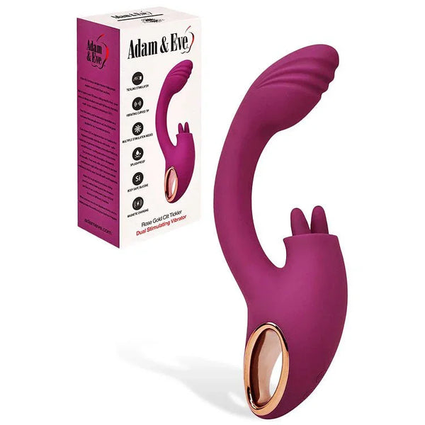Rose Gold Clit Tickler rabbit in Red, wine-toned with rose-gold base, beside its box