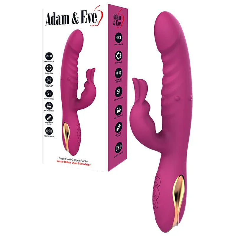 Rose Gold G-Spot Rabbit in Purple with flicking tip and gold trim, beside its box