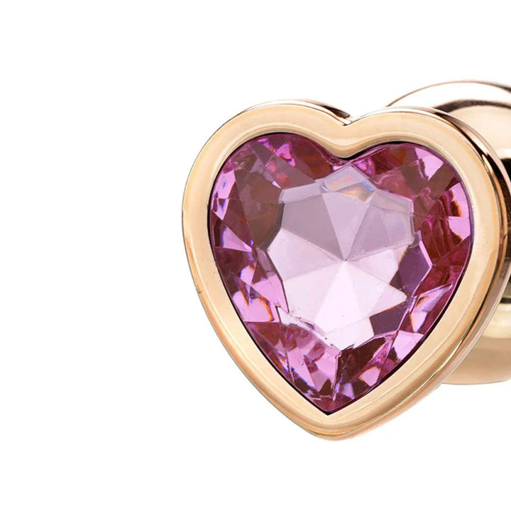Rose Gold Heart Gem plug base close-up, pink heart crystal in gold rim
