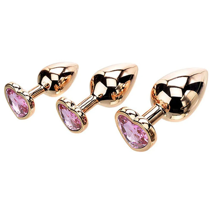 Rose Gold Heart Gem set, three sizes angled with pink heart bases up