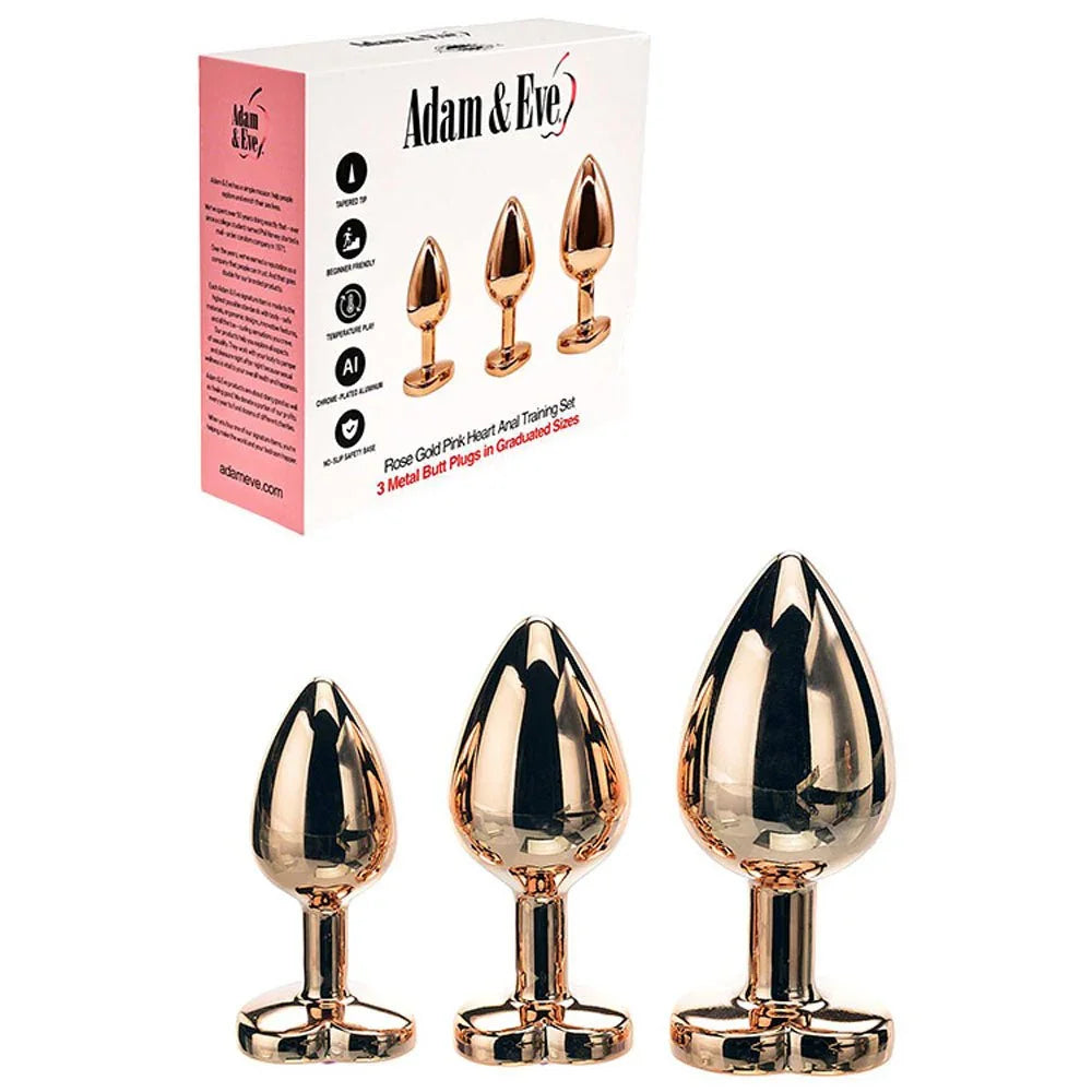 Rose Gold Heart Gem anal training set, three plugs below the white box