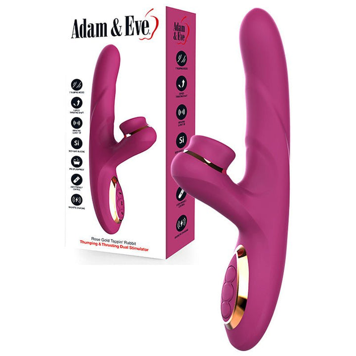 Adam & Eve ROSE GOLD TAPPIN RABBIT - Purple 22.5 cm USB Rechargeable Tapping & Thrusting Rabbit Vibrator – Sex toys NZ by Naughtyhut. Discreet delivery nationwide.