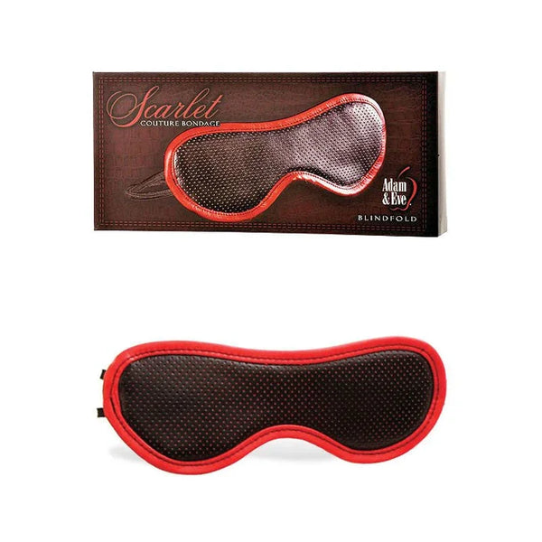 Scarlet Couture padded blindfold in Black with red trim, below its window box