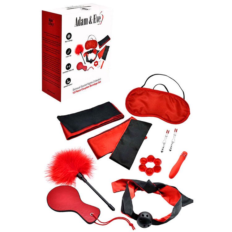 Buy Adam & Eve SENSUAL SCARLET NIGHTS - Black/Red Couples Bondage Kit - Set of 10 Pieces – Naughtyhut NZ sex toys online. Discreet delivery & top brands.