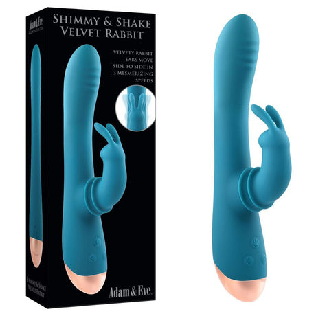 Buy Adam & Eve SHIMMY & SHAKE VELVET RABBIT - Blue 22.4 cm USB Rechargeable Rabbit Vibrator – Naughtyhut NZ sex toys online. Discreet delivery & top brands.