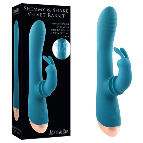 Shimmy & Shake Velvet Rabbit in Blue, moving ears inset, beside its black box