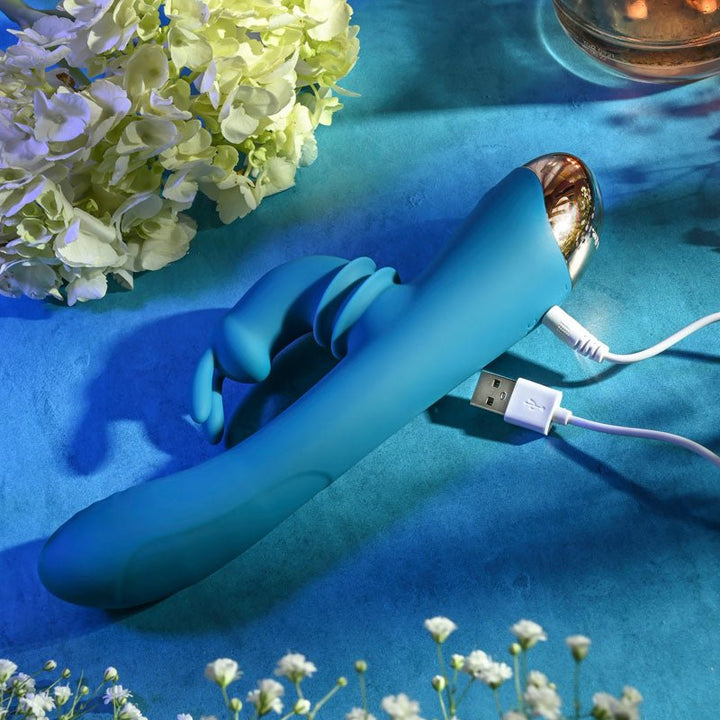 Adam & Eve SHIMMY & SHAKE VELVET RABBIT - Blue 22.4 cm USB Rechargeable Rabbit Vibrator – Sex toys NZ by Naughtyhut. Discreet delivery nationwide.