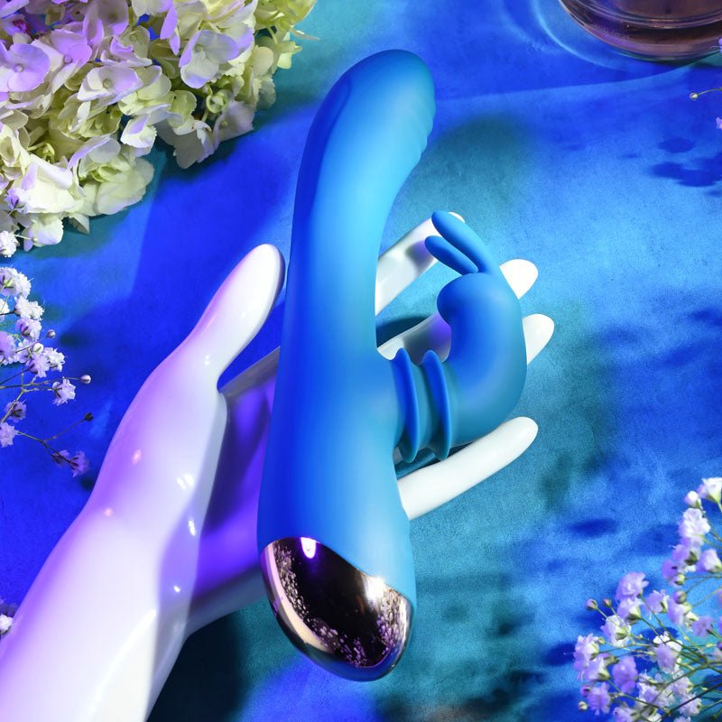Adam & Eve SHIMMY & SHAKE VELVET RABBIT - Blue 22.4 cm USB Rechargeable Rabbit Vibrator – Sex toys NZ by Naughtyhut. Discreet delivery nationwide.