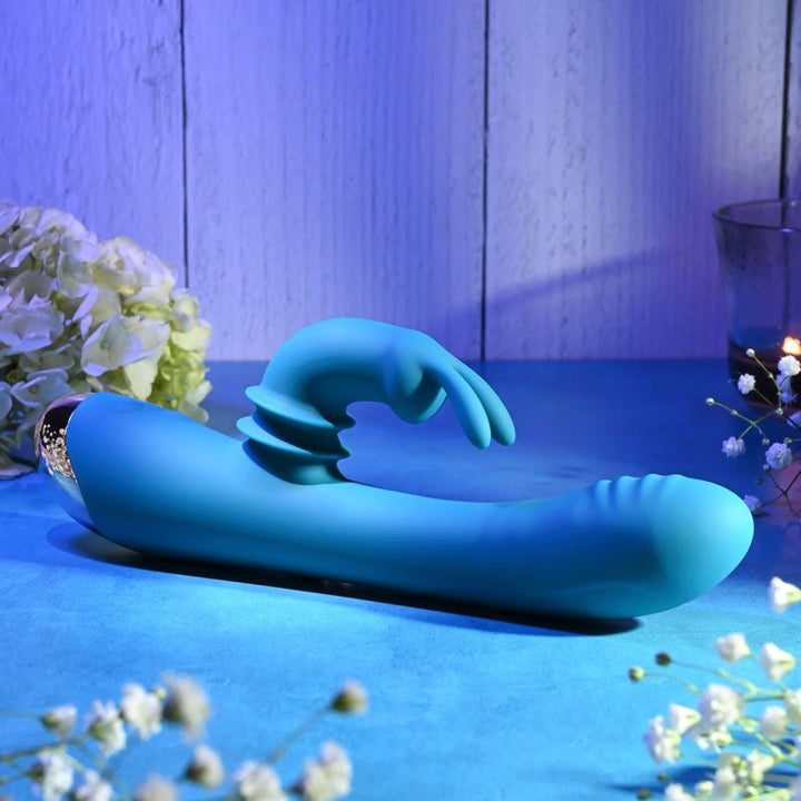 Adam & Eve SHIMMY & SHAKE VELVET RABBIT - Blue 22.4 cm USB Rechargeable Rabbit Vibrator – Sex toys NZ by Naughtyhut. Discreet delivery nationwide.