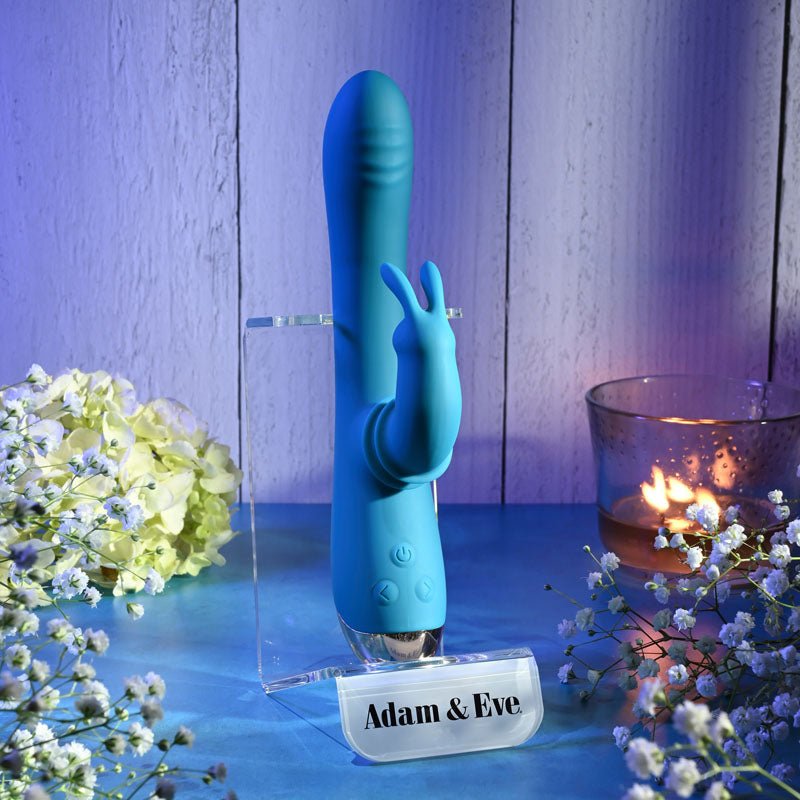 Buy Adam & Eve SHIMMY & SHAKE VELVET RABBIT - Blue 22.4 cm USB Rechargeable Rabbit Vibrator – Naughtyhut NZ sex toys online. Discreet delivery & top brands.