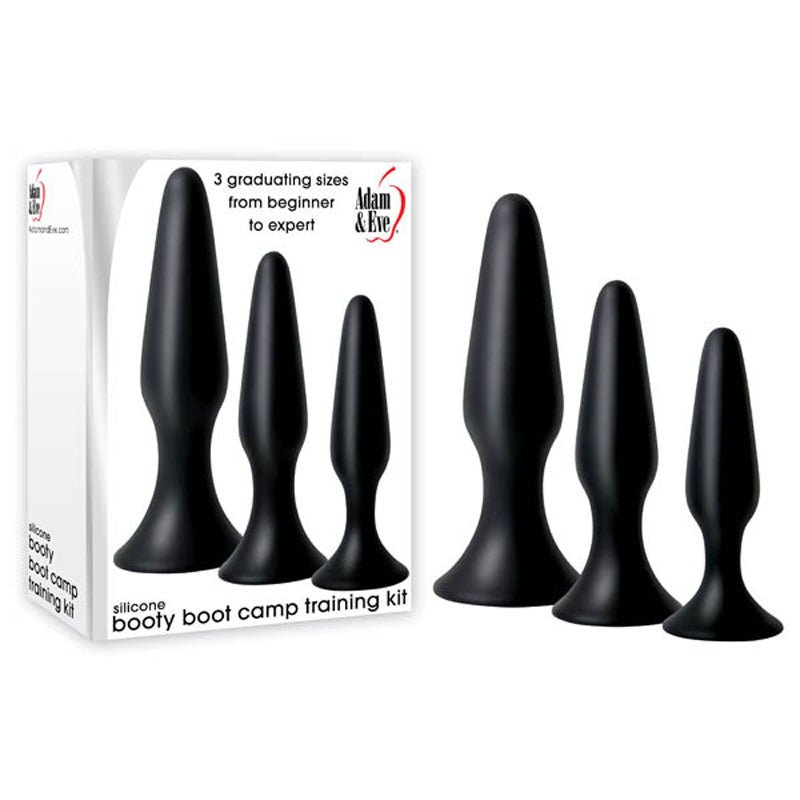 Buy Adam & Eve Silicone Booty Boot Camp Training Kit - Black Butt Plugs - Set of 3 Sizes – Naughtyhut NZ sex toys online. Discreet delivery & top brands.
