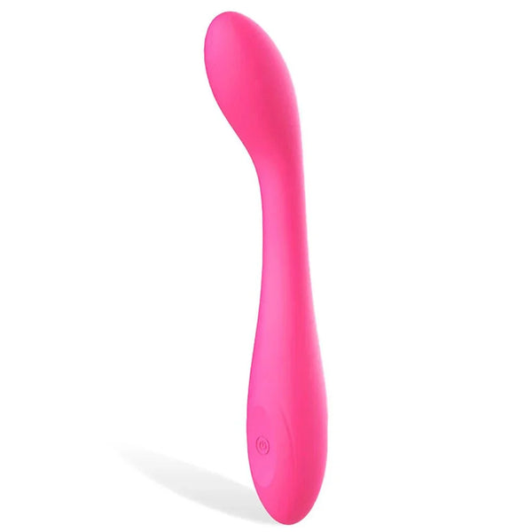 Svelte slim rechargeable vibrator in Pink, curved wand on white