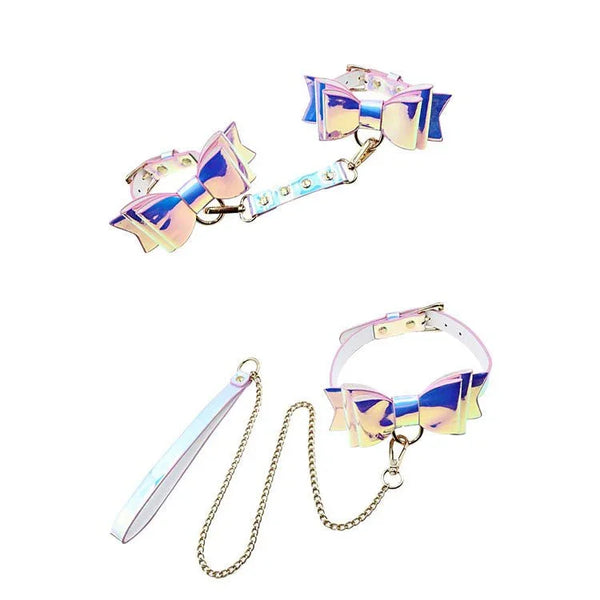 The Fairy bondage set in Iridescent, bow cuffs and bow collar with chain leash