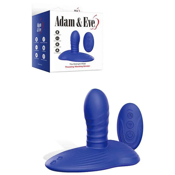 Midnight Rider rideable grinder in Blue, ribbed pad with remote, beside its box