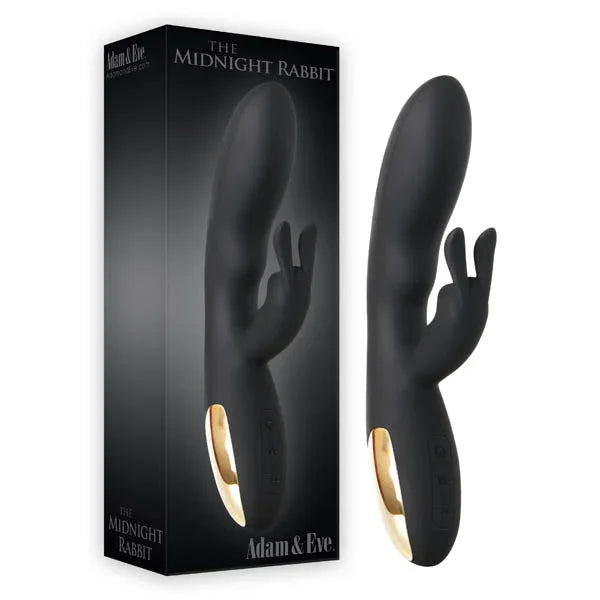 The Midnight Rabbit vibrator in Black with gold base, beside its black box