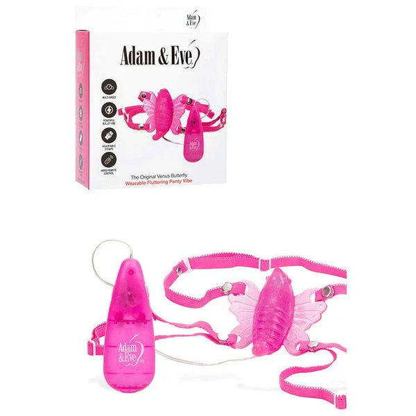 Original Venus Butterfly panty vibe in Pink with wired remote, below its box