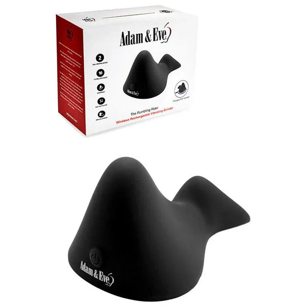 The Rumbling Rider grinding vibrator in Black, saddle hump shape below its box