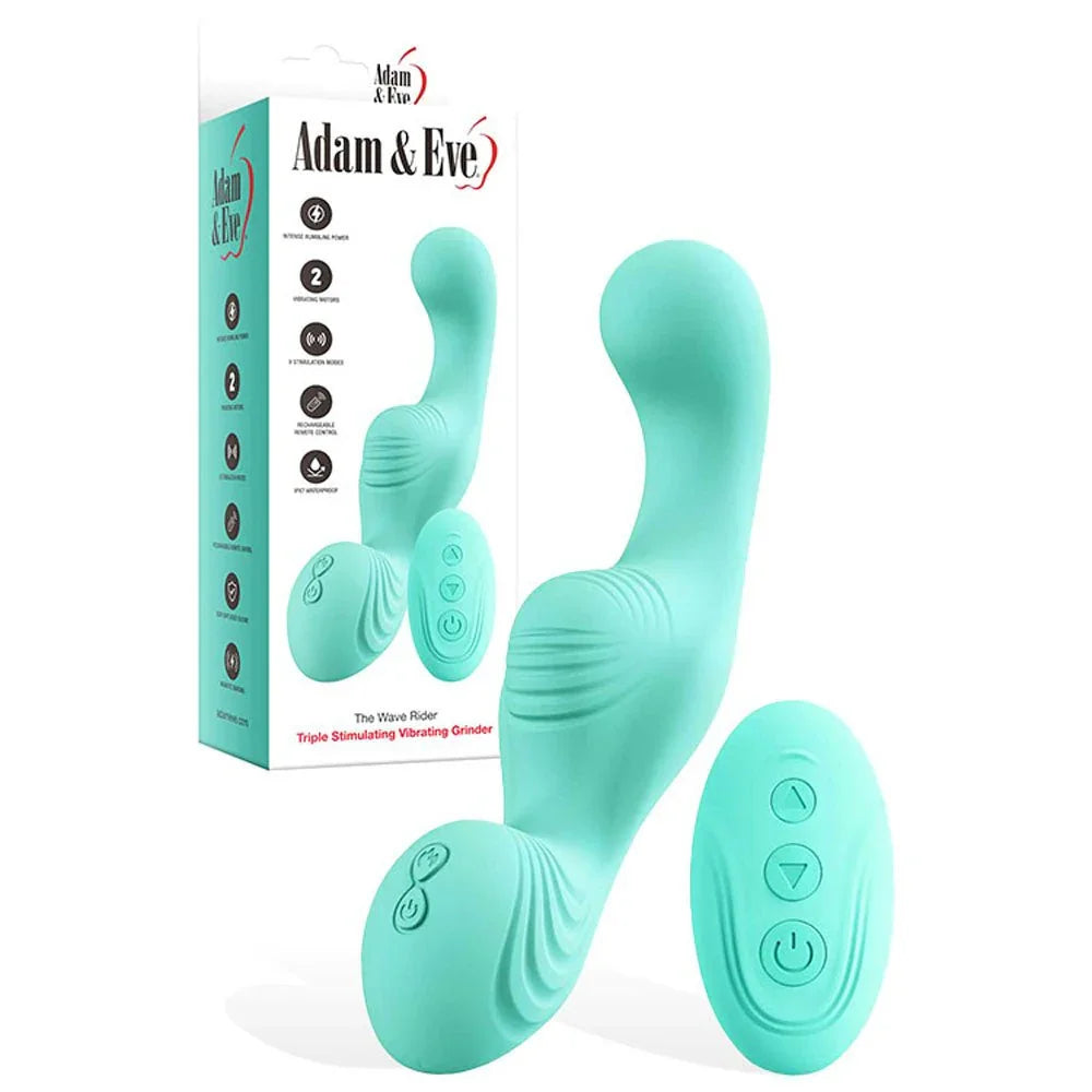 Wave Rider grinding vibrator in Teal with its oval remote, beside its box