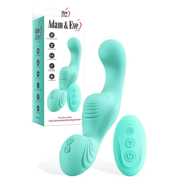 Wave Rider grinding vibrator in Teal with its oval remote, beside its box