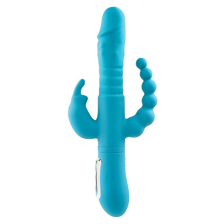 Adam & Eve THRUSTING TRIPLE JOY RABBIT - Teal 25.4 cm USB Rechargeable Rabbit Vibrator with Anal Probe – Sex toys NZ by Naughtyhut. Discreet delivery nationwide.