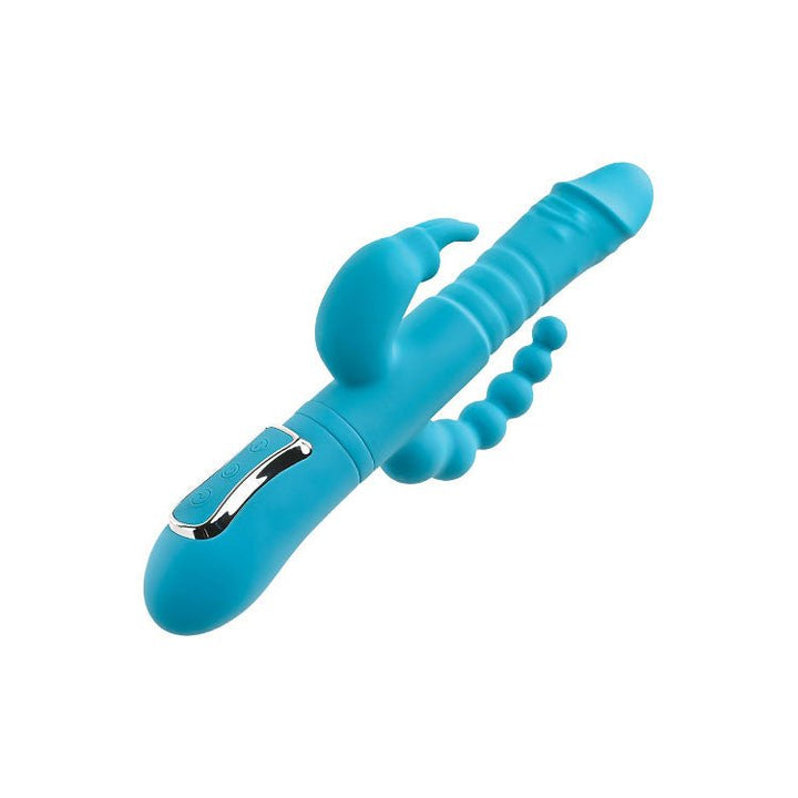 Adam & Eve THRUSTING TRIPLE JOY RABBIT - Teal 25.4 cm USB Rechargeable Rabbit Vibrator with Anal Probe – Sex toys NZ by Naughtyhut. Discreet delivery nationwide.