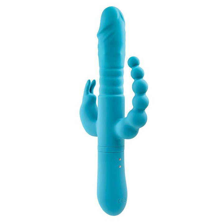 Adam & Eve THRUSTING TRIPLE JOY RABBIT - Teal 25.4 cm USB Rechargeable Rabbit Vibrator with Anal Probe – Sex toys NZ by Naughtyhut. Discreet delivery nationwide.