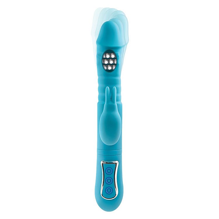 Adam & Eve THRUSTING TRIPLE JOY RABBIT - Teal 25.4 cm USB Rechargeable Rabbit Vibrator with Anal Probe – Sex toys NZ by Naughtyhut. Discreet delivery nationwide.