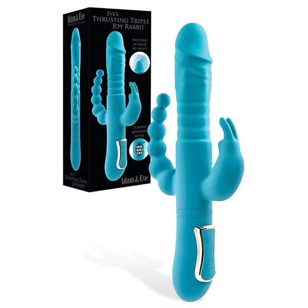 Thrusting Triple Joy Rabbit in Teal, triple-arm vibrator beside its black box