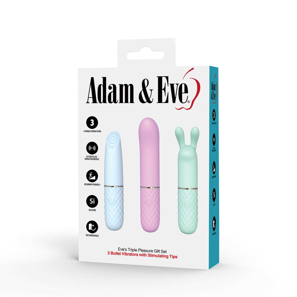Buy Adam & Eve TRIPLE PLEASURES - Coloured USB Rechargeable Vibrators - Set of 3 – Naughtyhut NZ sex toys online. Discreet delivery & top brands.