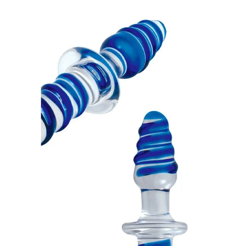Twisted Love glass dildo close-up of both spiral-ribbed ends
