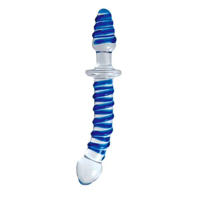 Twisted Love glass dildo full length, blue spiral ribs with a clear grip disc
