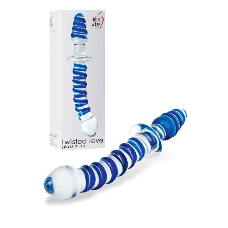 Twisted Love 24 cm glass dildo in Blue, spiral-wrapped double ends, beside its white box