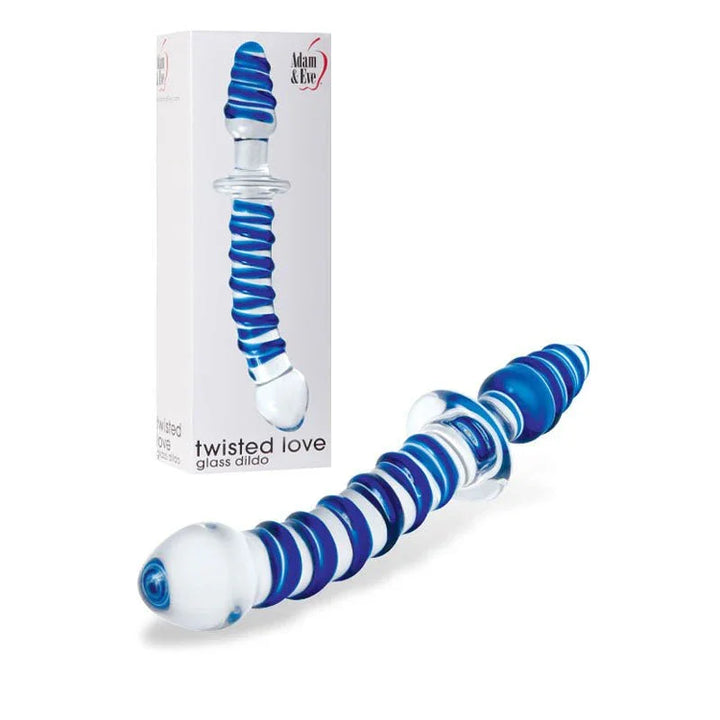 Twisted Love 24 cm glass dildo in Blue, spiral-wrapped double ends, beside its white box
