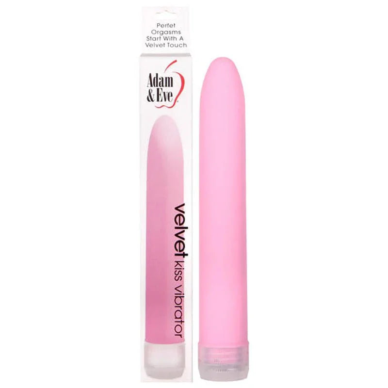 Velvet Kiss slim classic vibrator in Pink, beside its tall blister box