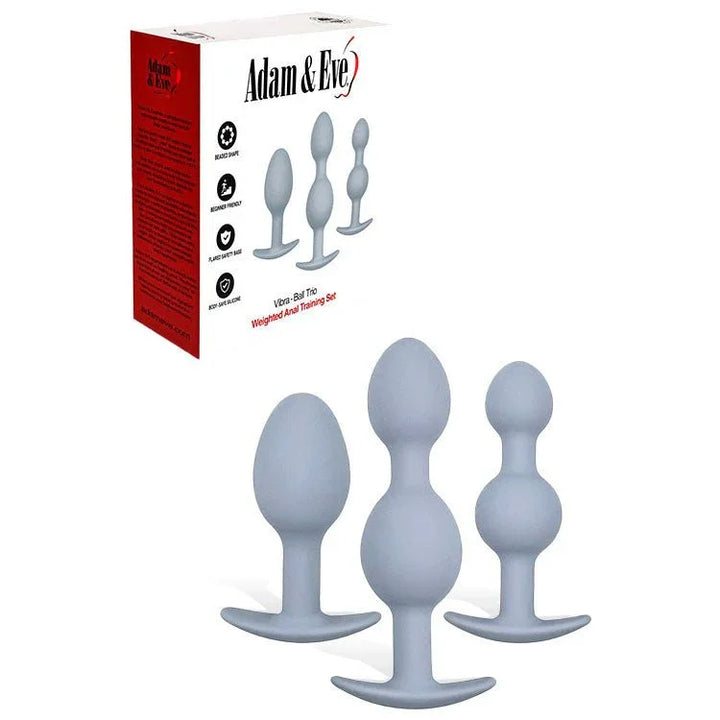 Vibra-Ball Trio weighted anal set in Grey, three plugs in front of the box