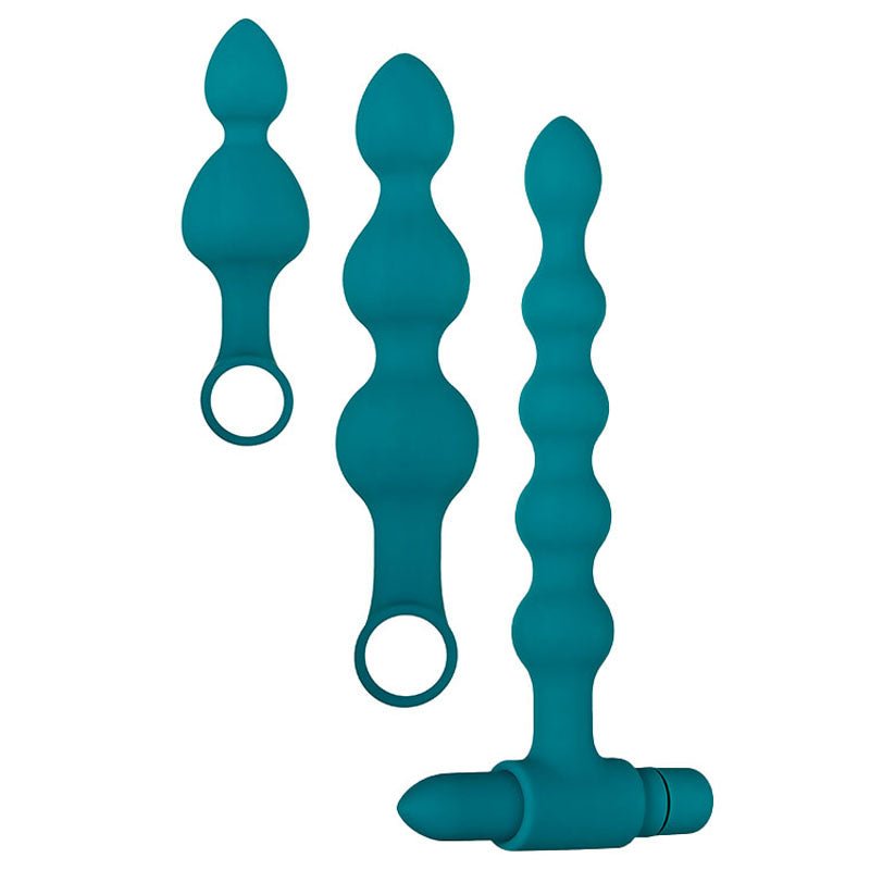 The Adam & Eve Vibrating Bumpy Bead Set, a green silicone collection, includes a small and medium plug with pull rings and a long vibrating beaded toy. Each features smooth surfaces, tapered tips for comfort, and 7-function bullet vibes.