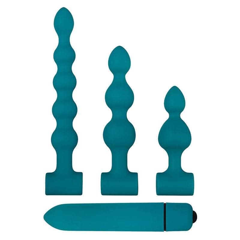 Showcased on a white background are four teal silicone adult toys: an Adam & Eve Vibrating Bumpy Bead Set with a rectangular base, two vibrating anal plugs with bulbous sections and bases, and a smooth 7-function bullet vibe with a black base.