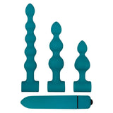 Showcased on a white background are four teal silicone adult toys: an Adam & Eve Vibrating Bumpy Bead Set with a rectangular base, two vibrating anal plugs with bulbous sections and bases, and a smooth 7-function bullet vibe with a black base.