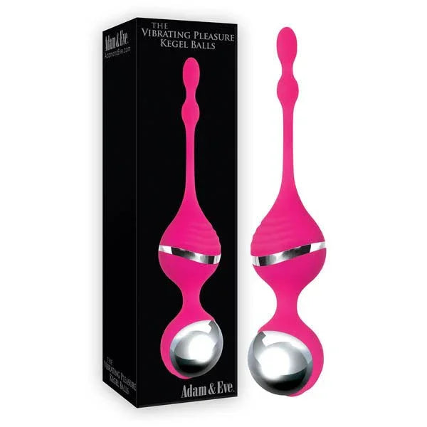 Vibrating Pleasure kegel balls in Pink with steel weights, beside the black box