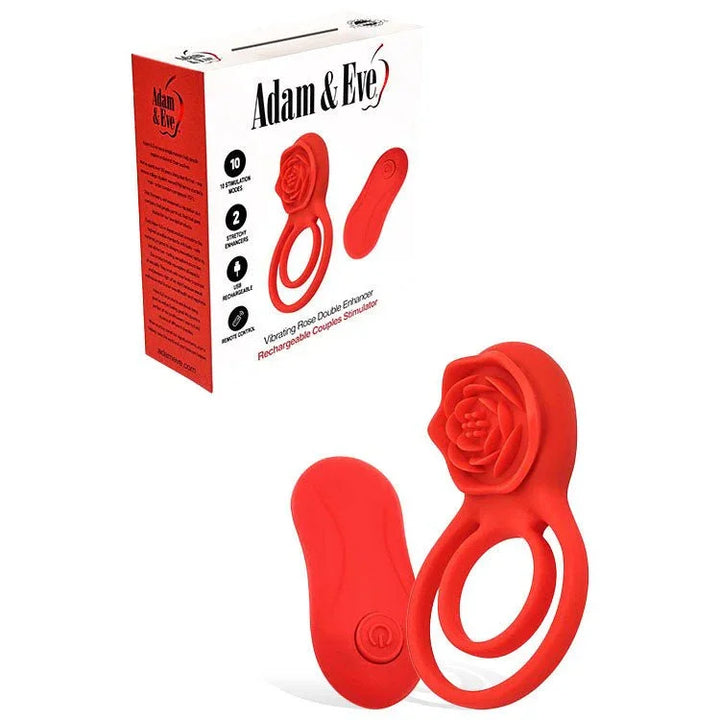 Vibrating Rose Double Enhancer in Red, rose-shaped ring with remote, beside its box