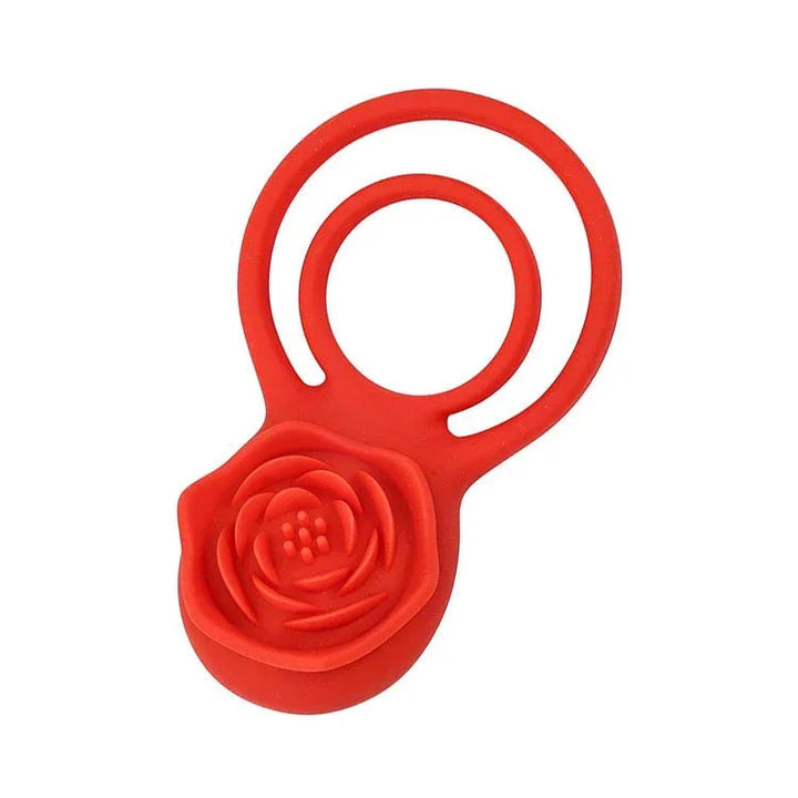 Rose Double Enhancer in Red, top view of the dual rings and rose bud