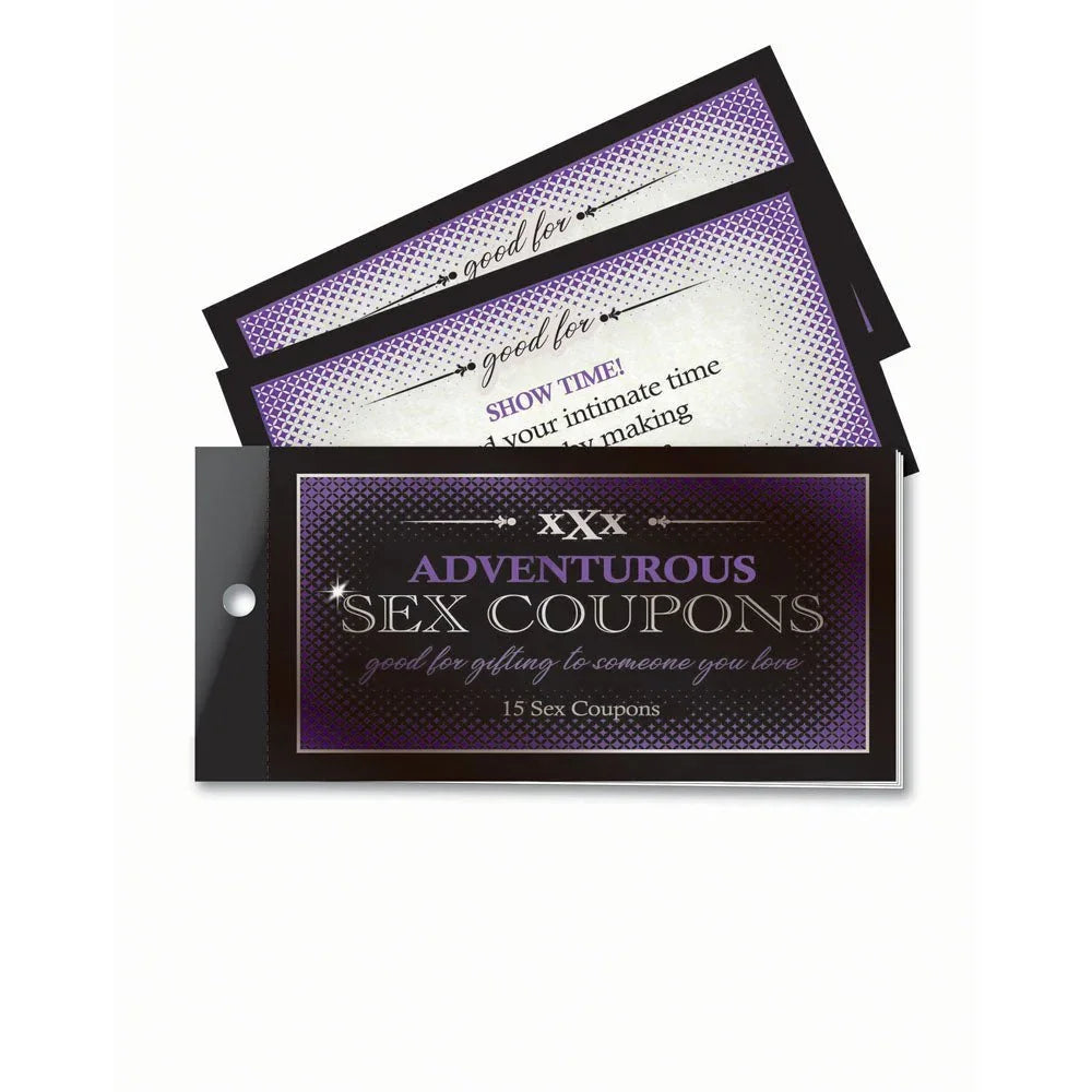 Adventurous Sex Coupons, purple and black booklet of 15 coupons fanned out