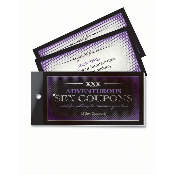 Adventurous Sex Coupons, purple and black booklet of 15 coupons fanned out