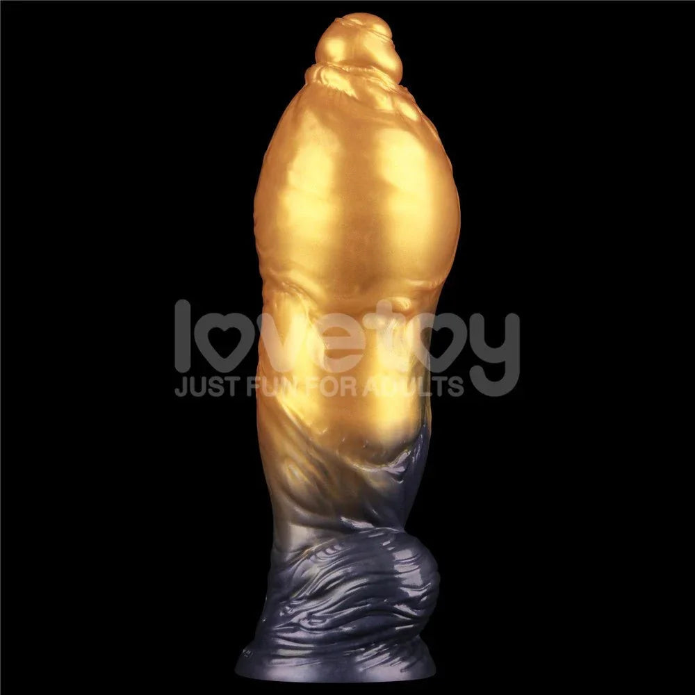 Aerosx dildo in Gold and Blue inflated to full girth, front view against black
