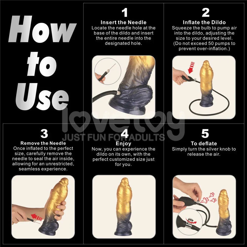 How to use the Aerosx inflatable dildo: insert needle, inflate, remove needle, enjoy, deflate