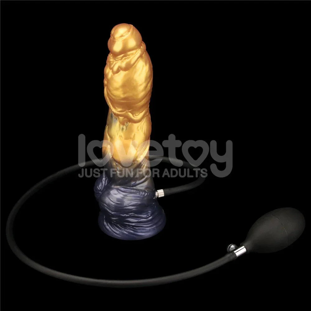 Aerosx dildo with the black inflation bulb and hose attached to its base