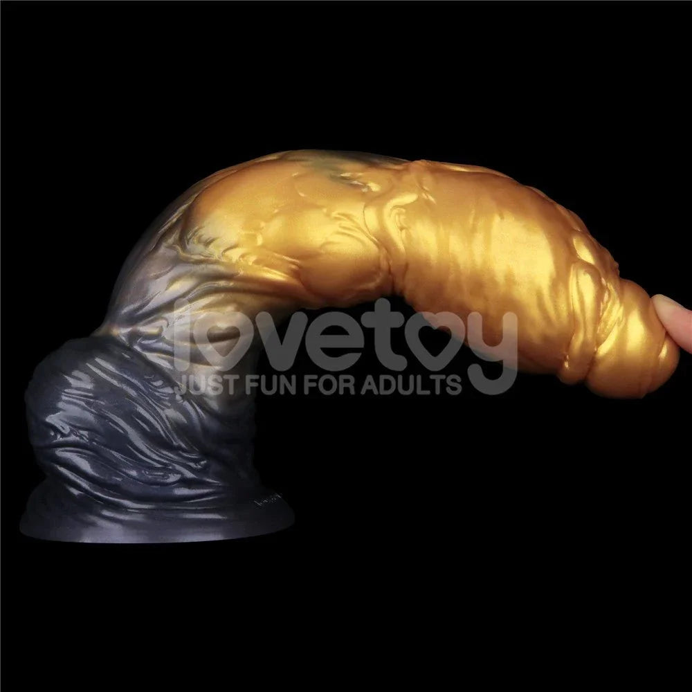 Aerosx inflatable dildo curved on its marbled blue base, showing the shaft bending